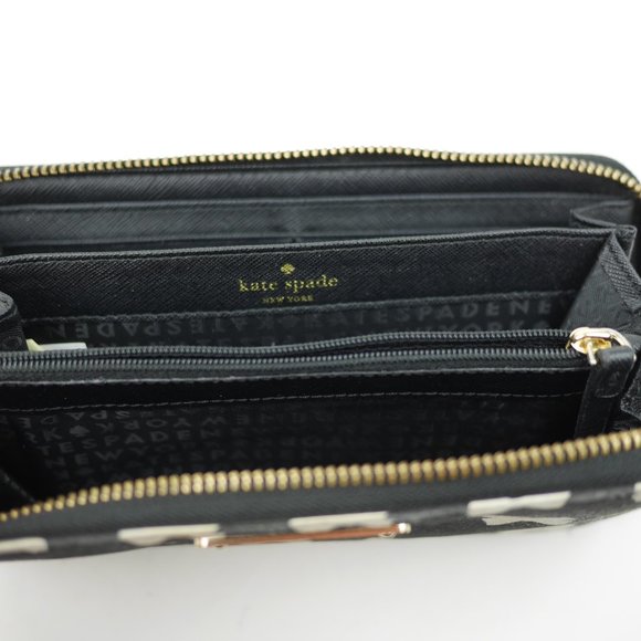 KATE SPADE New York wallet Black & beige bow print wallet full zip 7.5" x 4" - Picture 2 of 11